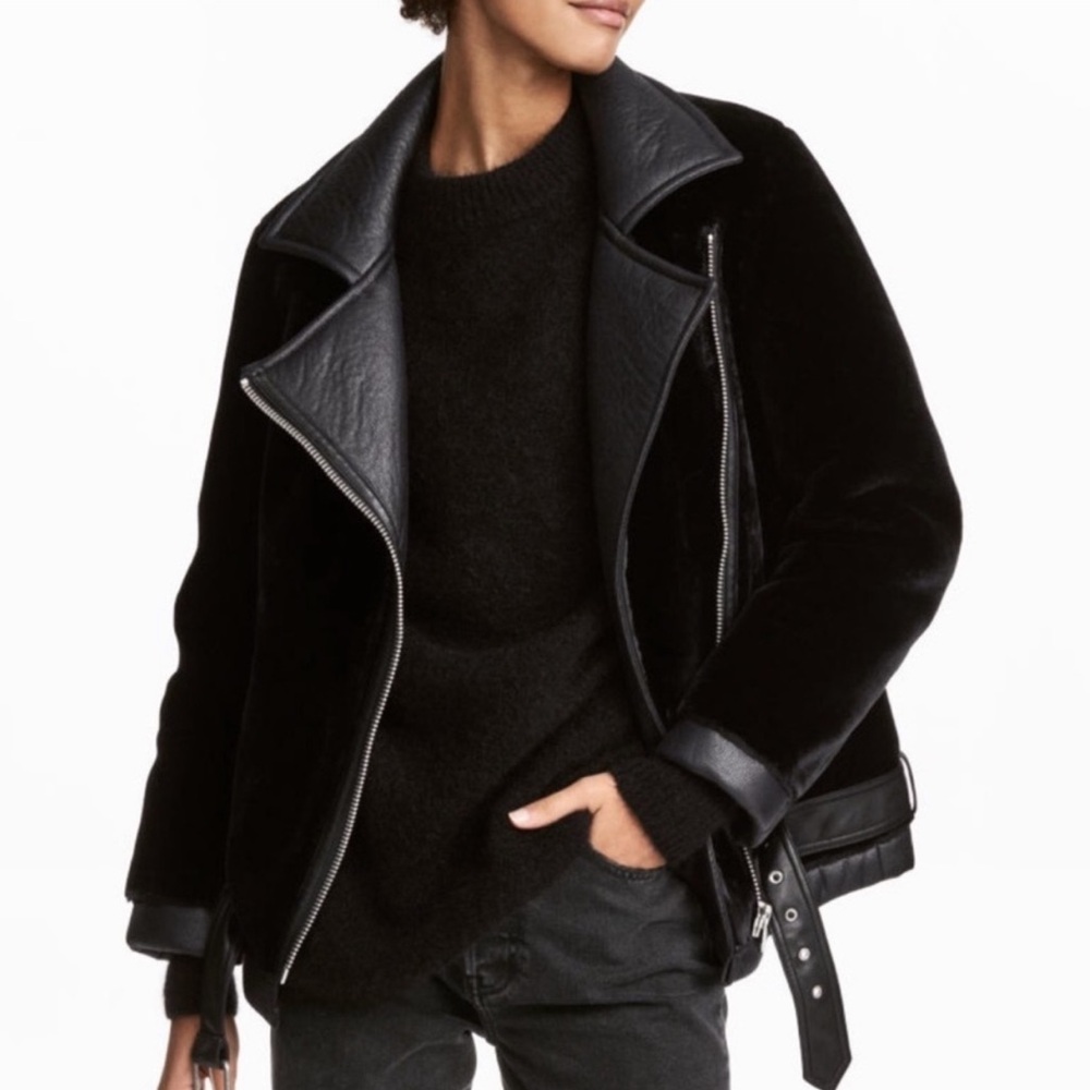 H&M Oversized Faux Fur Moto Jacket in Black Size 10